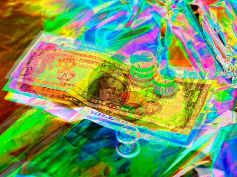 Dollar bills and coins psychedelic edited image