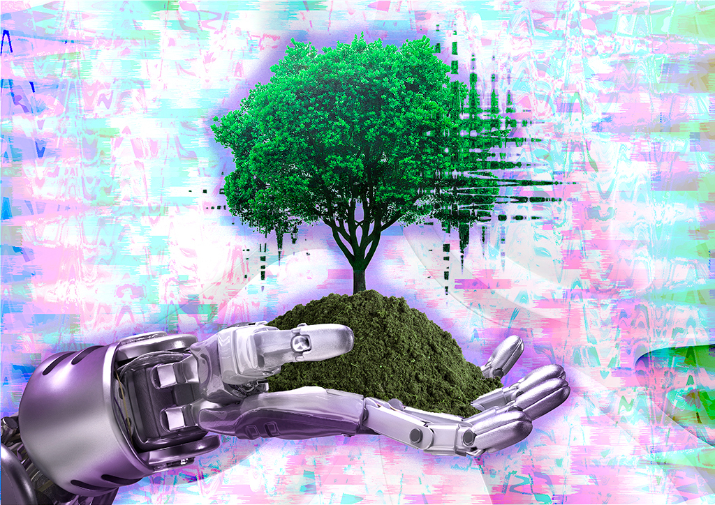 A tree resting in a robot hand on a psychedelic background for BetaCarbon Carbon Credit investing platform.