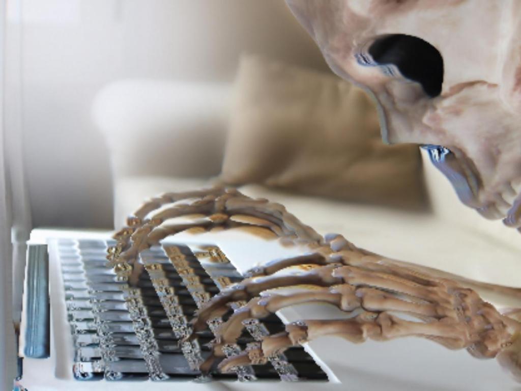 Skeleton typing at a keyboard for crypto halloween.