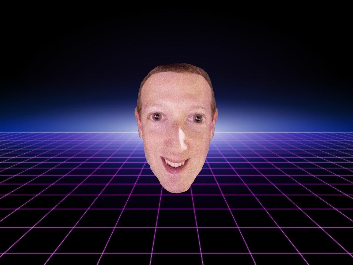 A selfie of Mark Zuckerberg imposed on a vaporwave cyberpunk background