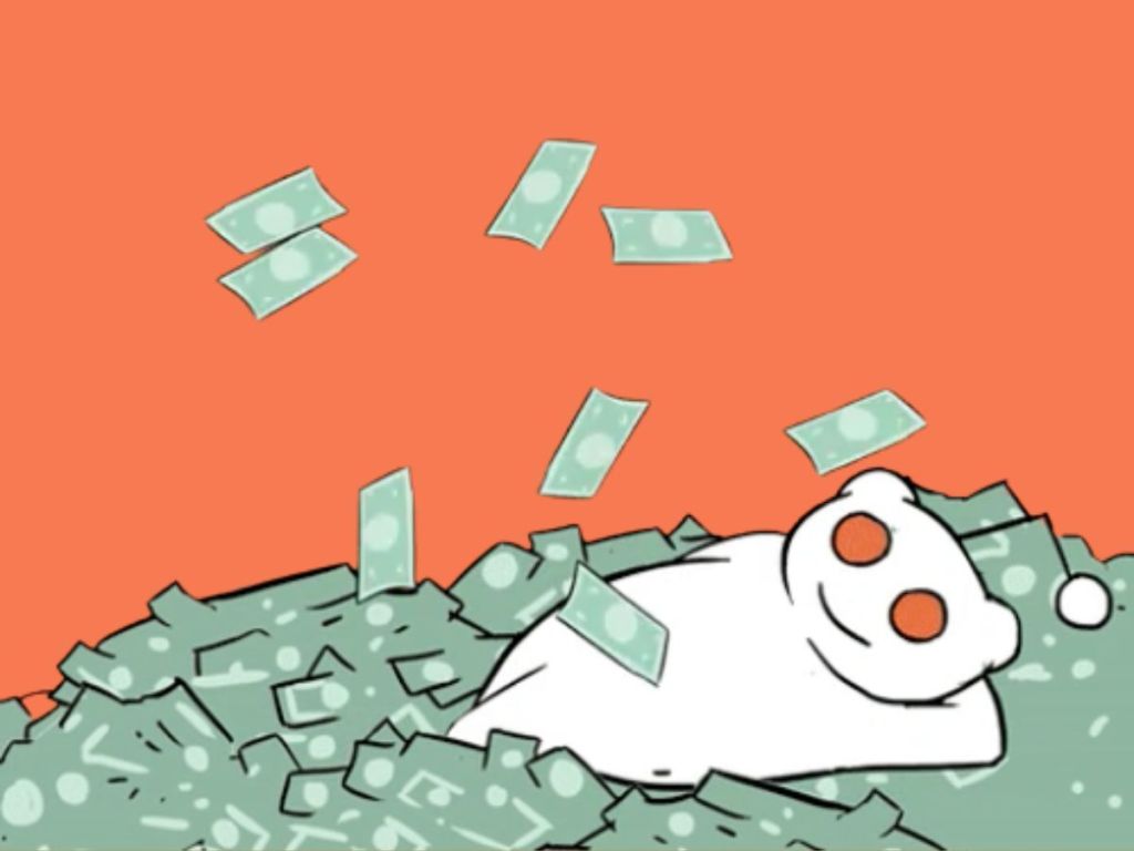 Reddit NFT avatar sitting in a giant pile of money