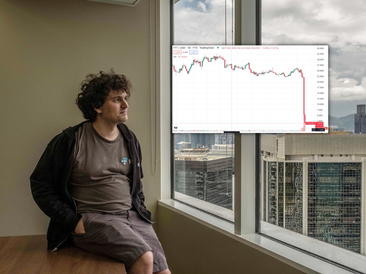 The CEO of FTX Sam Bankman-Fried looking out the window at a financial chart of FTT cryptocurrency going down.