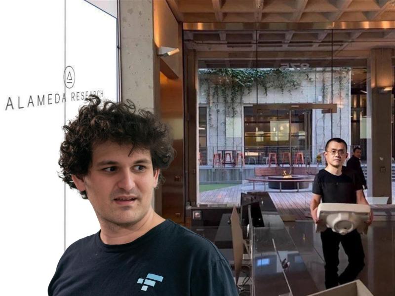 Binance CEO Changpeng Zhao (CZ) walks into the Alameda research headquarters holding a sink, FTX CEO Sam Bankman-Fried (SBF) is looking back over his shoulder