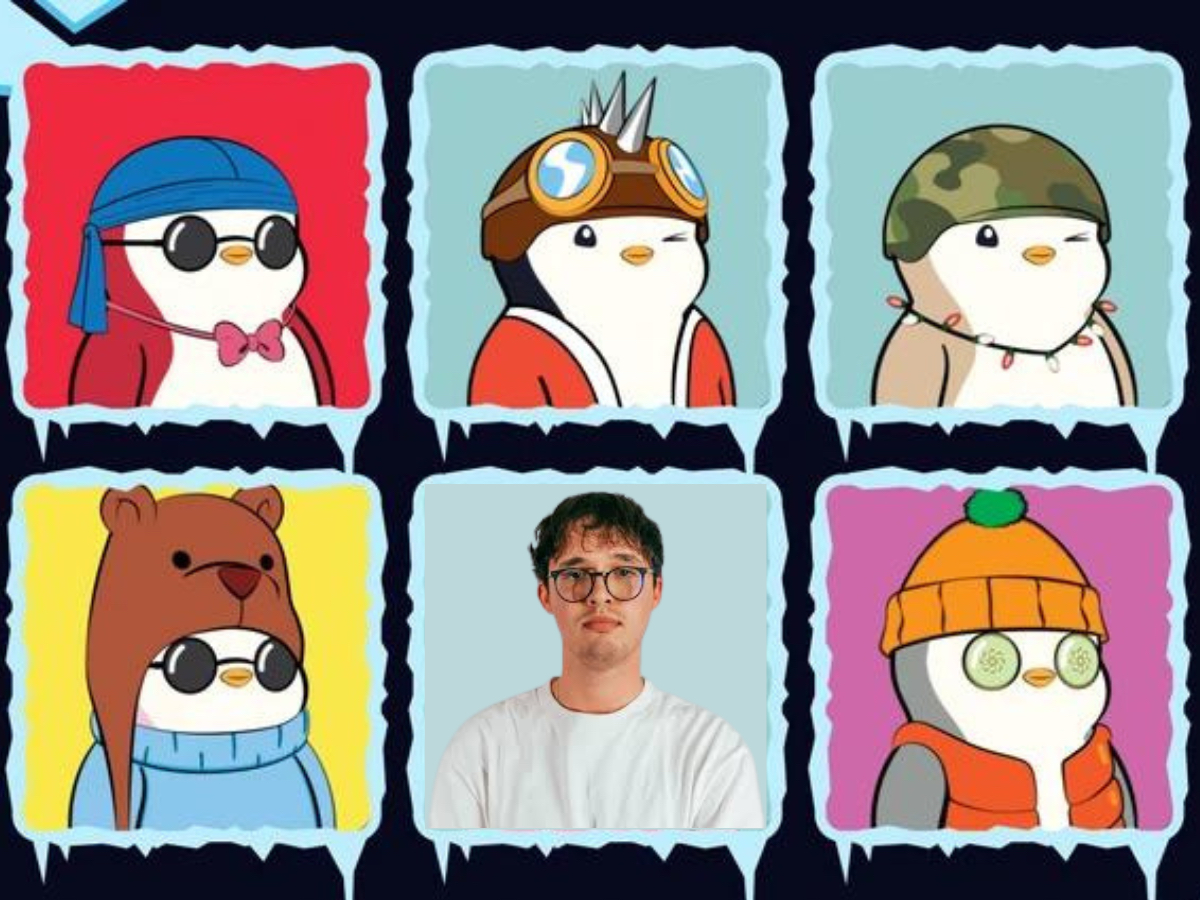 The new owner of the Pudgy Penguins, Luca Netz pictured amongst other members from the popular NFT PFP collection.