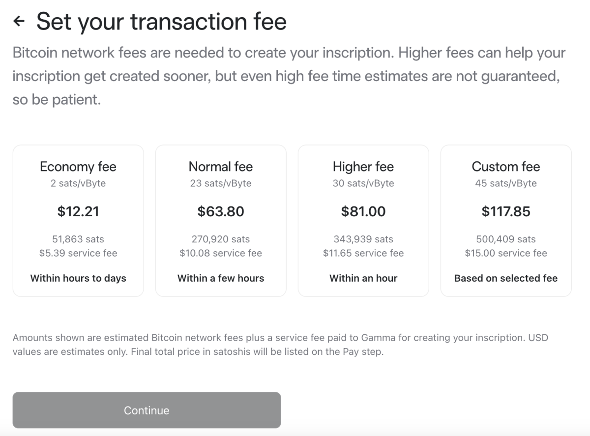 Step two of minting a Bitcoin Ordinal NFT