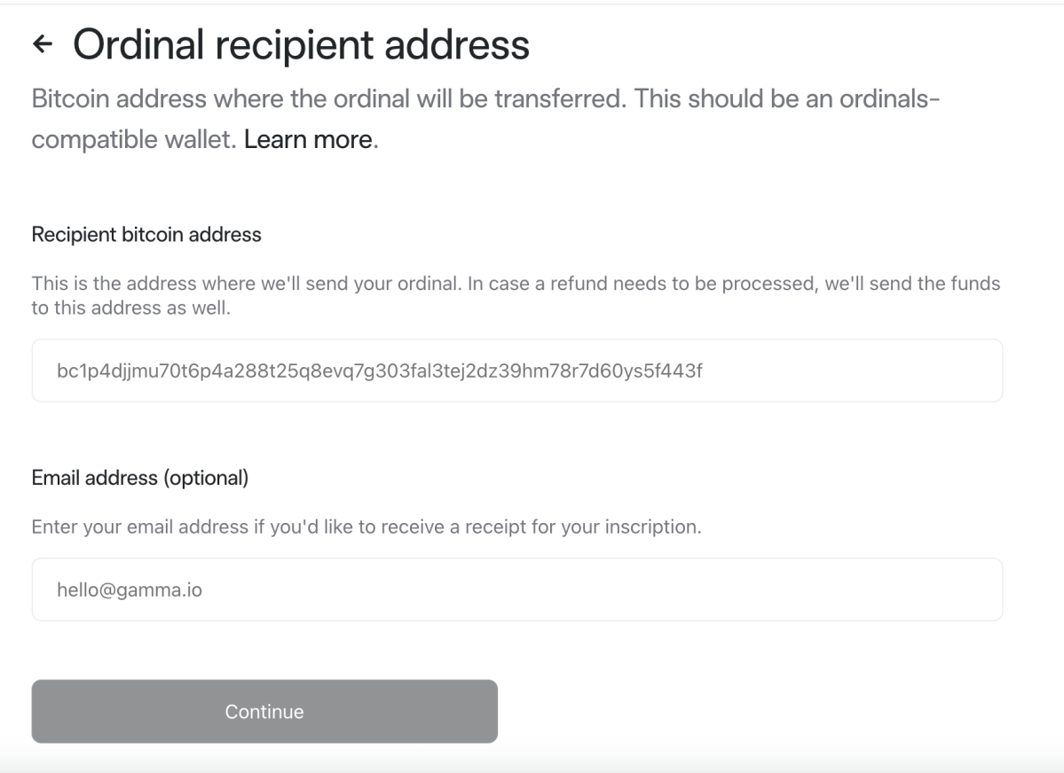 Step three of minting a Bitcoin Ordinal NFT