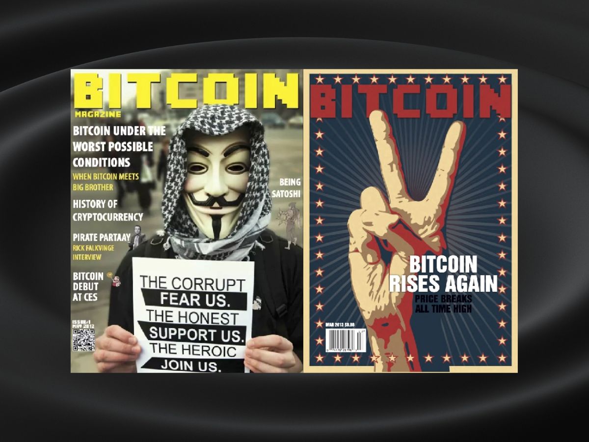 Two covers of Bitcoin Magazine, sold as NFTs.