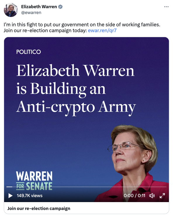 Bitcoin price Ethereum price Senator Warren's anti crypto army