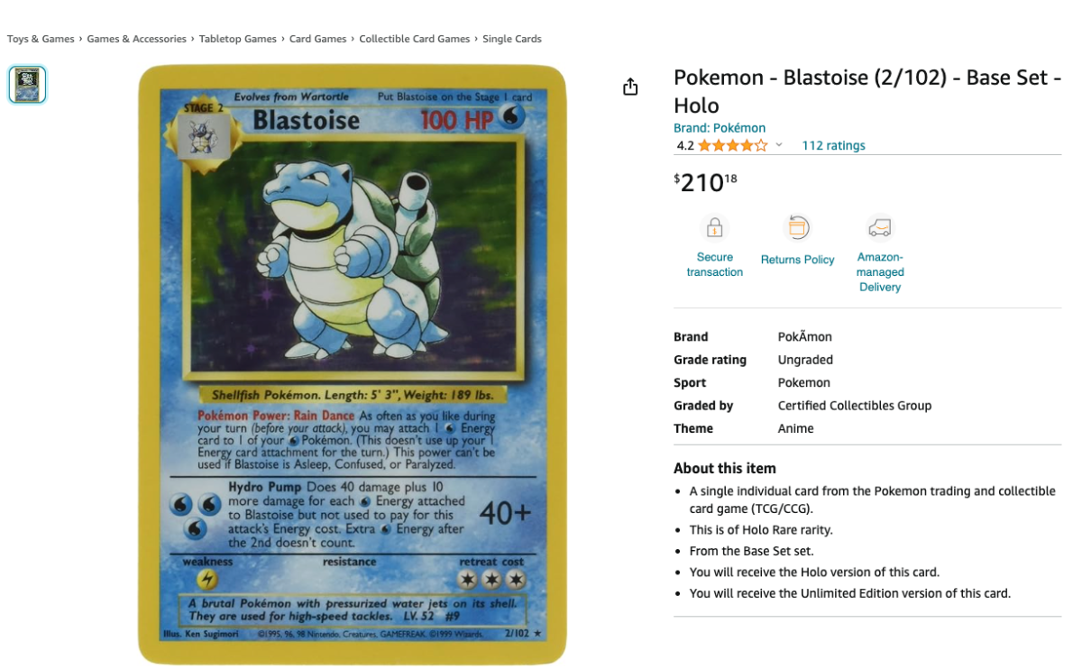 Blastoise Pokémon card, 1999 hologram edition.