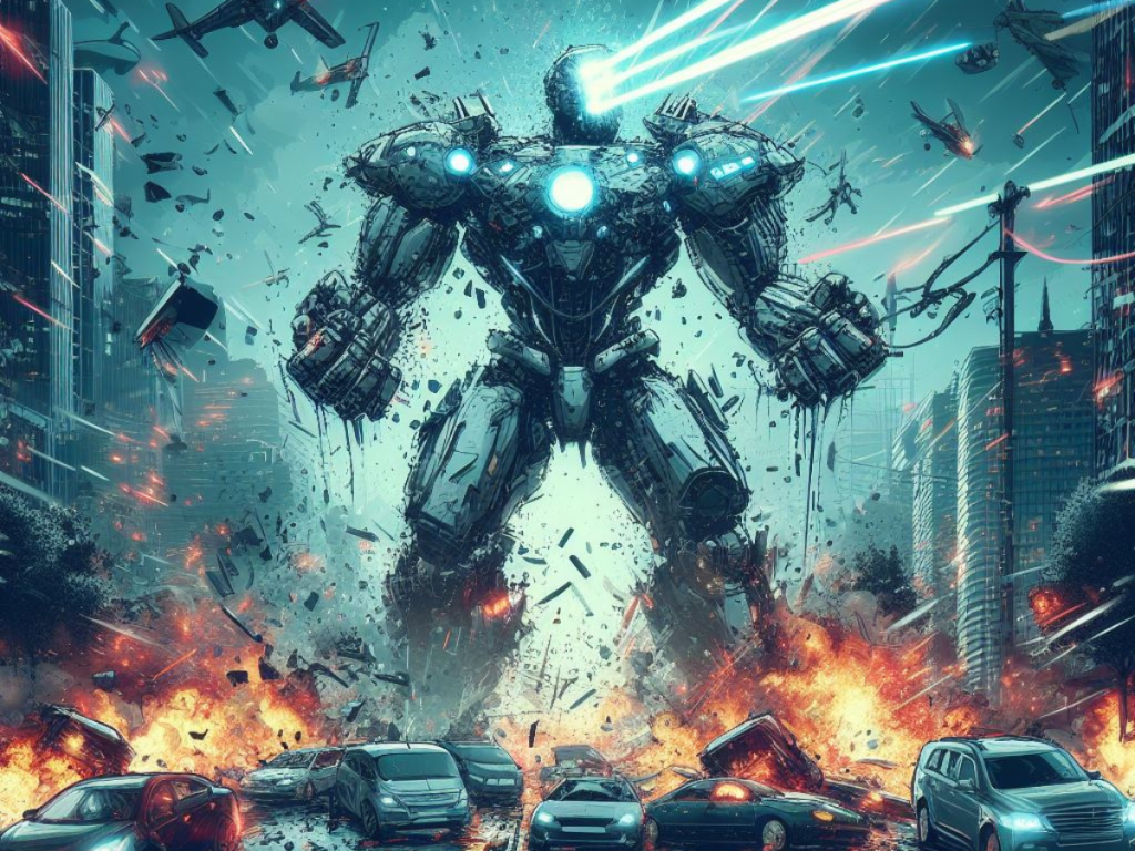 Robot, AI, destroyed city