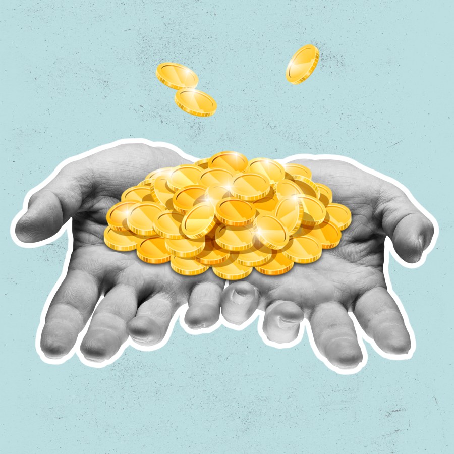 Contemporary art collage with male hands holding yellow coins isolated on blue background. crypto investing