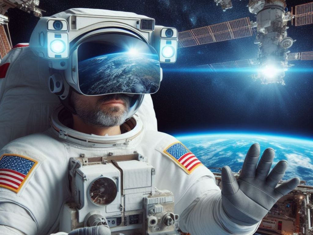 Astronaut in space using VR goggles.