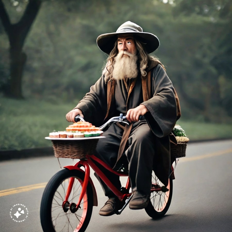 gandalf riding a tricycle holding sushi, generated by meta ai
