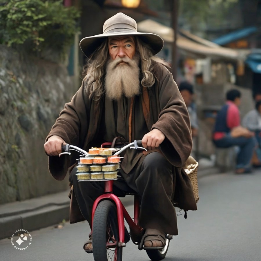 gandalf riding a tricycle holding sushi, generated by meta ai