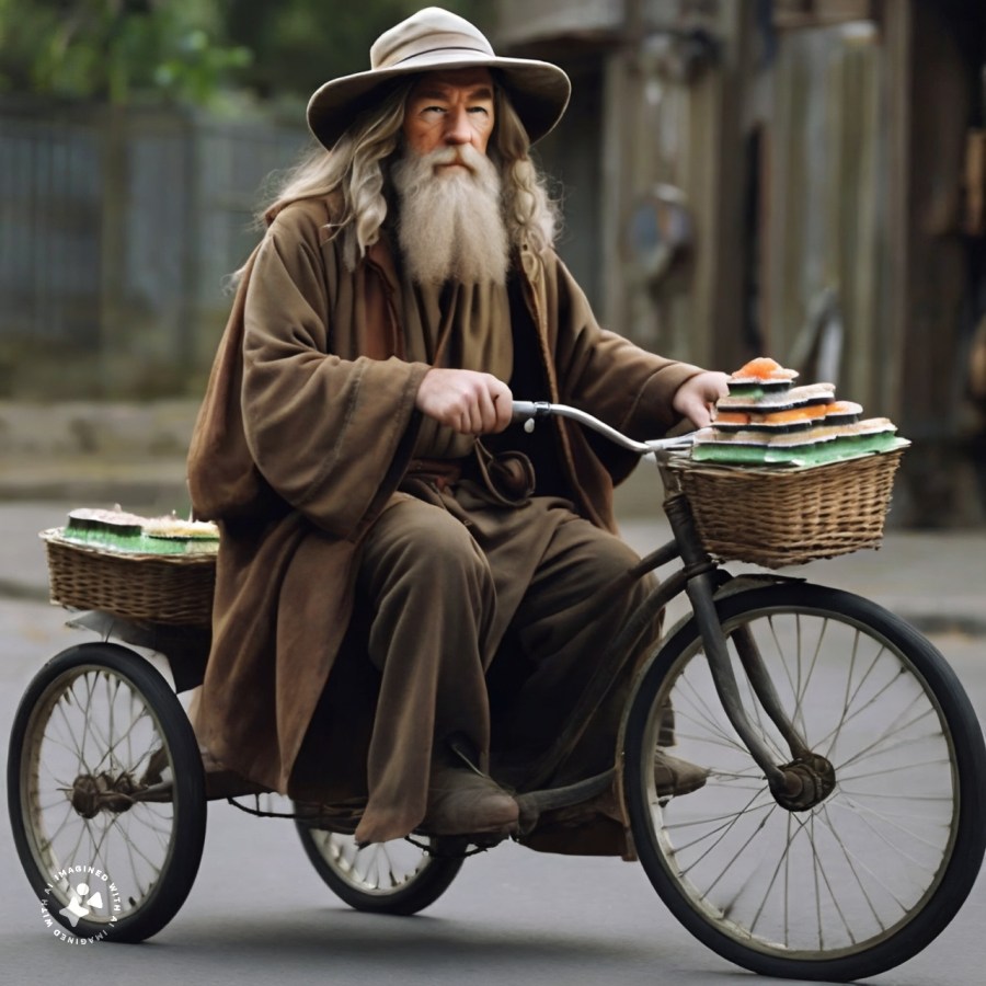 gandalf riding a tricycle holding sushi, generated by meta ai