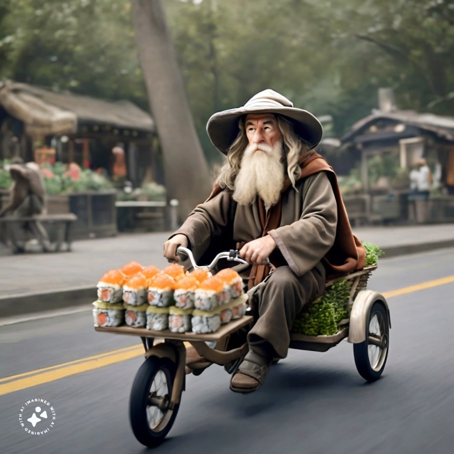 gandalf riding a tricycle holding sushi, generated by meta ai