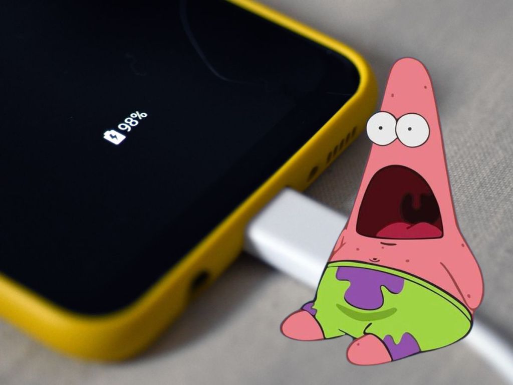 phone battery charging at 98% with patrick meme. generating one ai art consumes as much energy as charging your phone