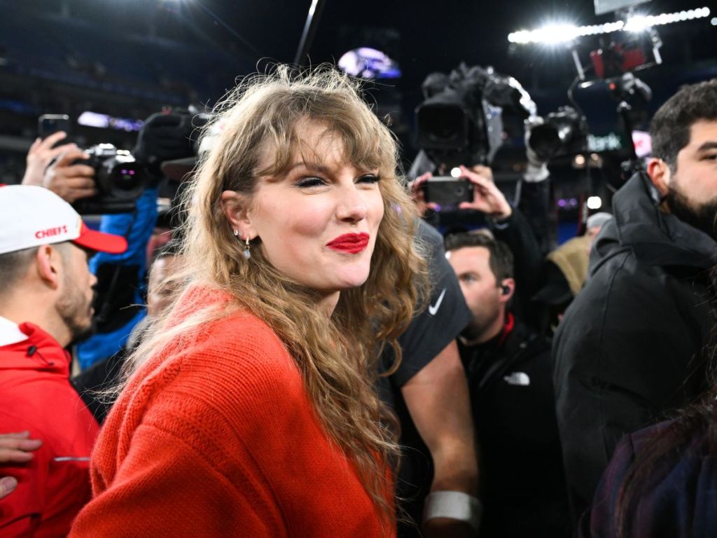 BALTIMORE, MD - JANUARY 28: Taylor Swift walks off the field following the AFC Championship between the Kansas City Chiefs and the Baltimore Ravens at M&T Bank Stadium on January 28, 2024 in Baltimore, Maryland. (Photo by Kathryn Riley/Getty Images)